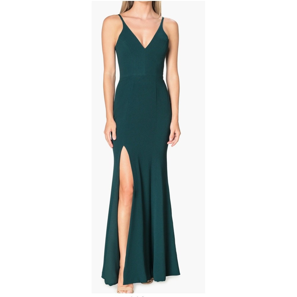 Dress the Population Teal V-Neck Spaghetti-Strap Prom Gown with Front Slit